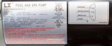 48WUA1001C-II | Lingxiao (LX) Pump | Pump, LX 48WUA, 1.0hp, 115v, 2-Spd, 48Fr, 2"
