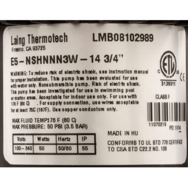 10-0102-K | Laing Thermotech | Pump, Series E5, 115v/230v, 3/4"b, w/4ft Cord, OEM