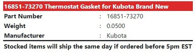 Kubota 16851-73270 Gasket - Thermostat